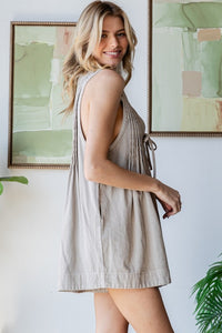 Front Pleated V Neck Sleeveless Denim Romper