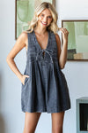 Front Pleated V Neck Sleeveless Denim Romper