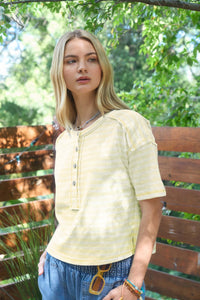Striped Exposed Seam Henley Boxy Knit Top - Yellow