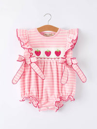 Strawberry Embroidery Pink Stripe Girl Smocked Romper