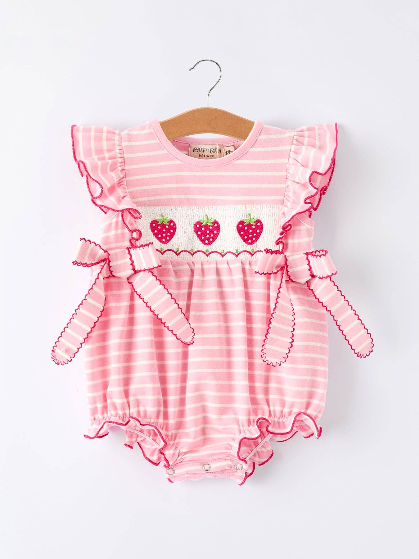 Strawberry Embroidery Pink Stripe Girl Smocked Romper