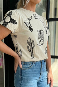 Beige Western Print Tee W/ Puff Sleeves