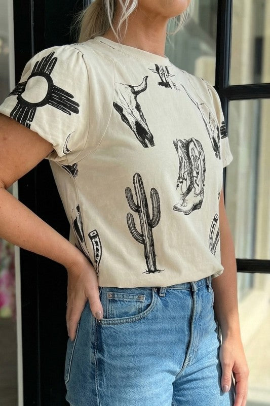 Beige Western Print Tee W/ Puff Sleeves
