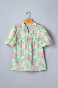 Pastel Green Floral Ruffle Neck Blouse