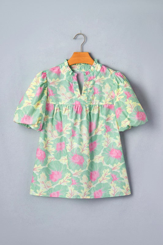 Pastel Green Floral Ruffle Neck Blouse