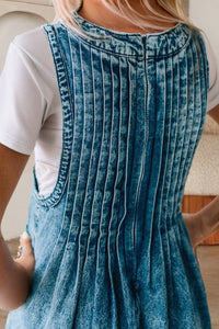 Medium Wash Front Pleated V Neck Tie Overalls