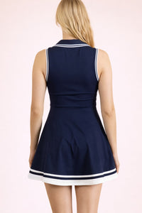Sleeveless Collared Active Dress W/ Contrast Trimming - Navy