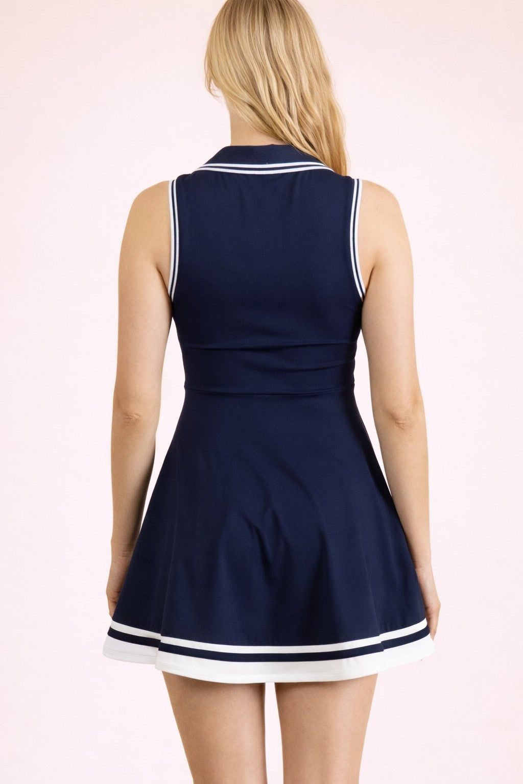 Sleeveless Collared Active Dress W/ Contrast Trimming - Navy