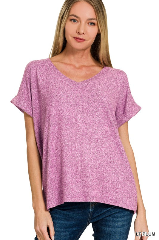 Soft Lounged V-Neck Top W/ Rolled Sleeves - Lt Plum