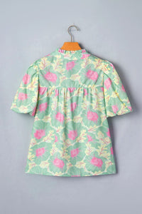 Pastel Green Floral Ruffle Neck Blouse