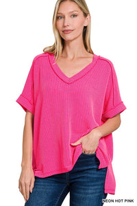Oversized Ribbed V Neck Top