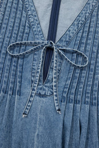 Medium Wash Front Pleated V Neck Tie Overalls