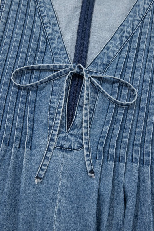 Medium Wash Front Pleated V Neck Tie Overalls