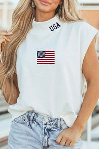 USA Flag Embroidered Mock Neck Top