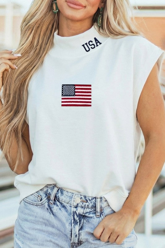 USA Flag Embroidered Mock Neck Top