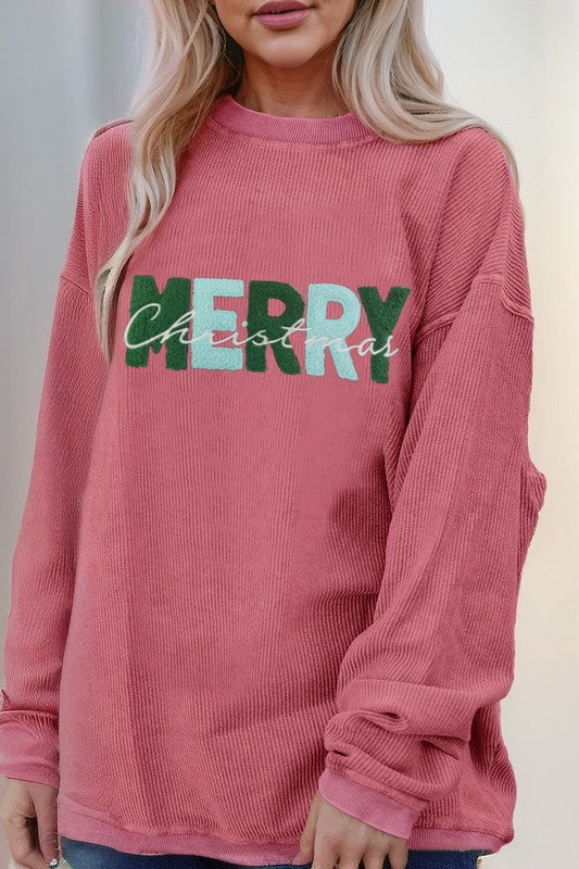 Merry Christmas Corded Sweatshirt Strawberry Pink