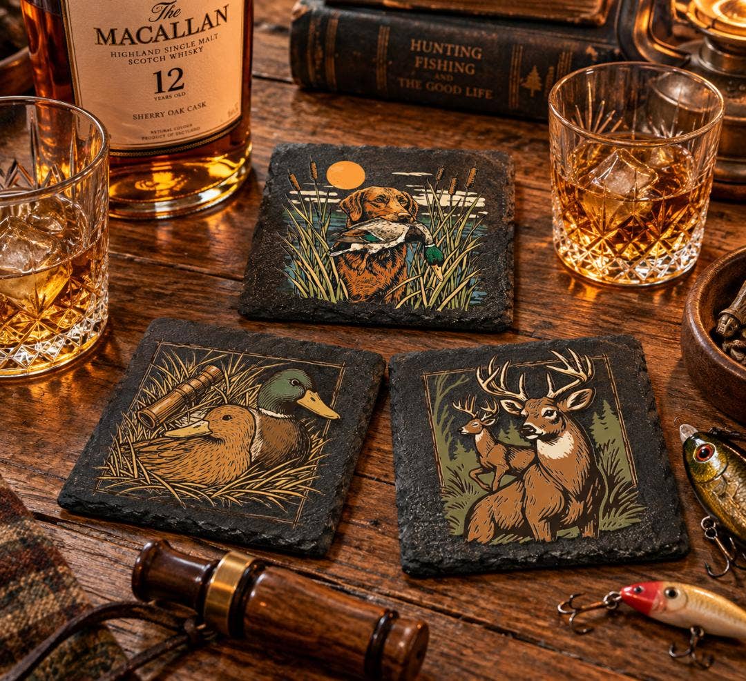 Black Slate Drink Coasters Hunt Fish Duck