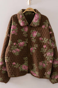 NJ90489-Floral Print Quilted Zip-Up Jacket