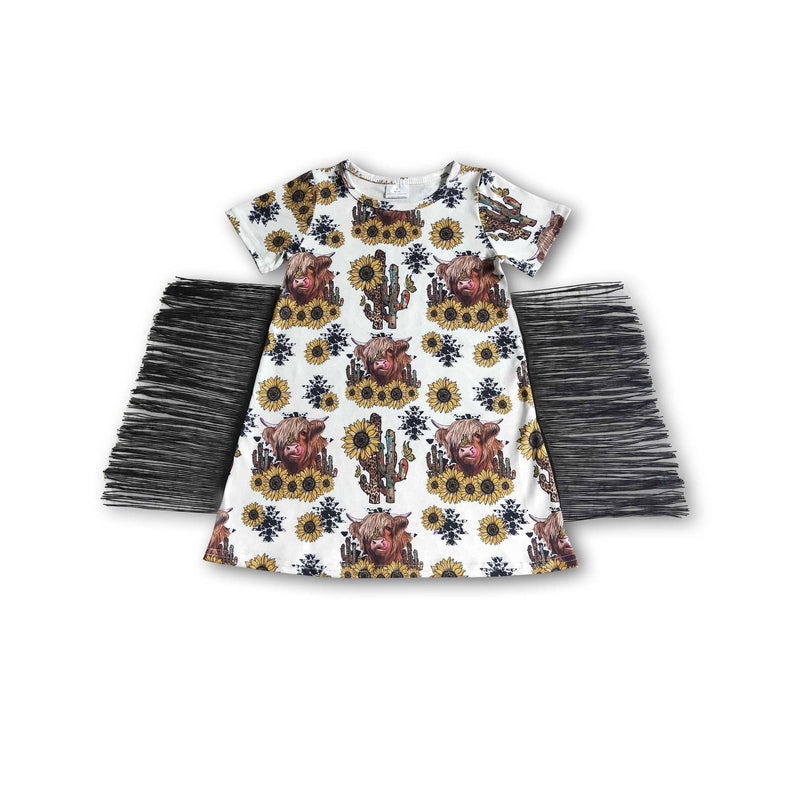 Highland Cow Sunflower Tassels Girl's Western Dress