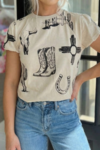 Beige Western Print Tee W/ Puff Sleeves