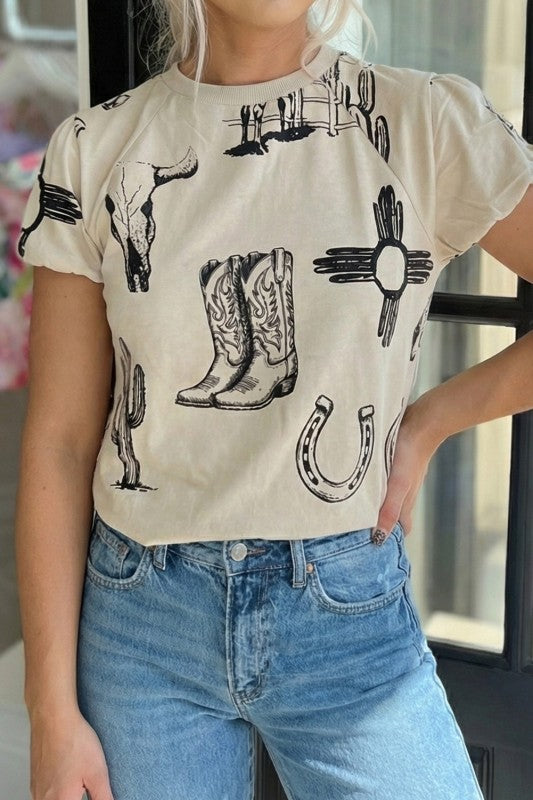 Beige Western Print Tee W/ Puff Sleeves