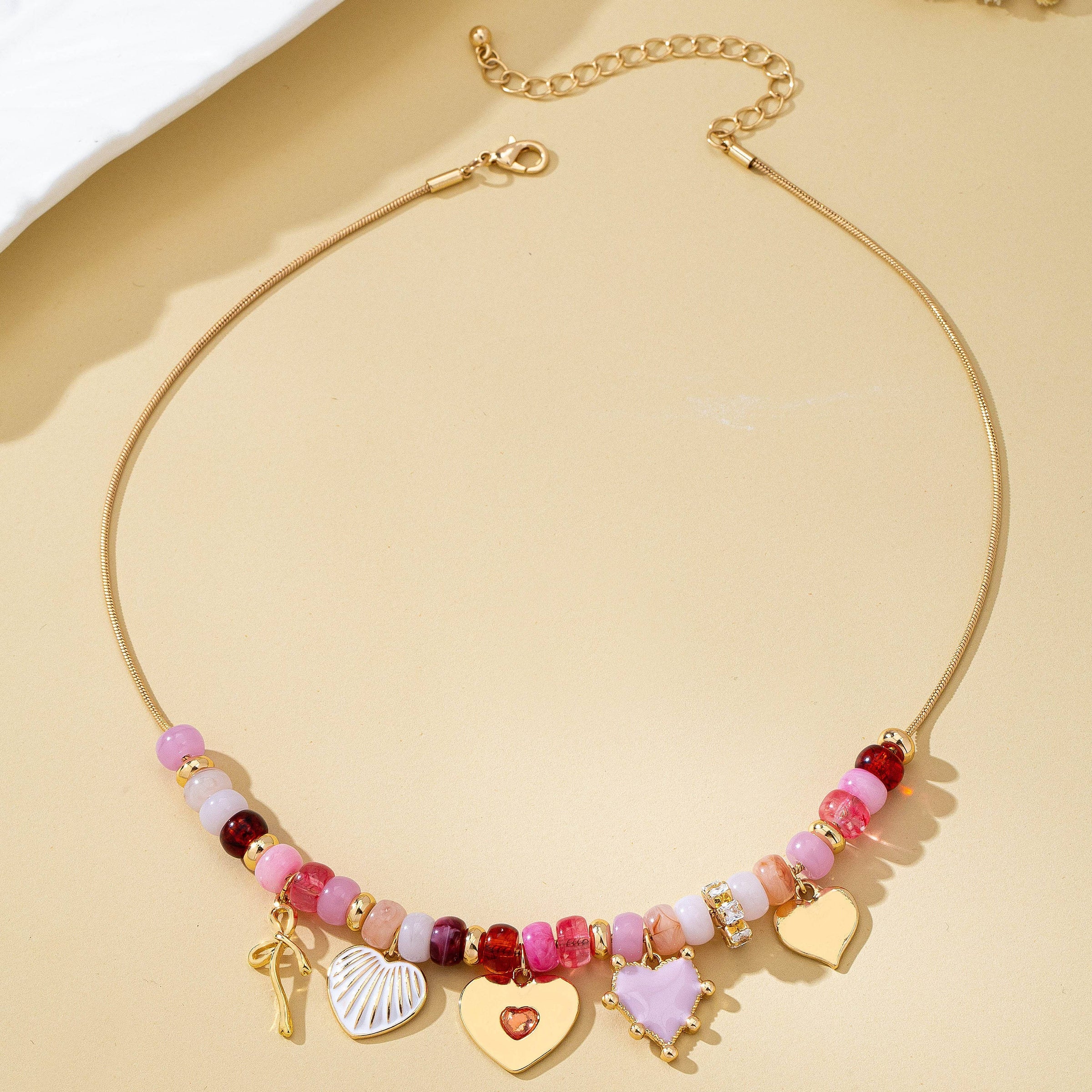 Pink Beaded Heart and Shell Charm Necklace | 80N92903
