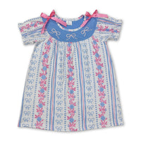Short sleeves stripe light blue bow floral baby girls romper