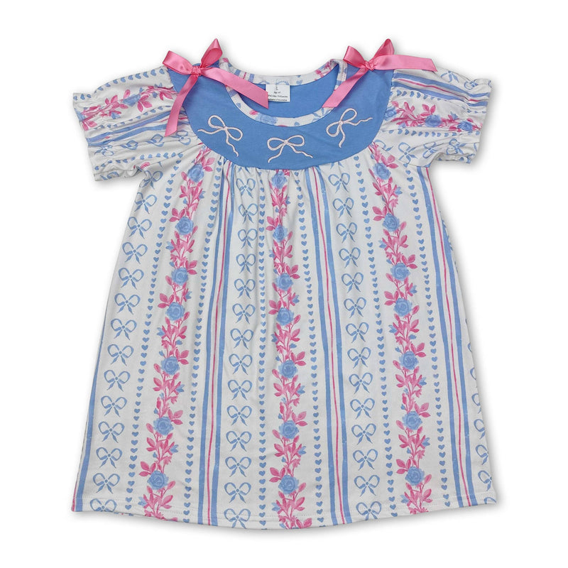 Short sleeves stripe light blue bow floral baby girls romper