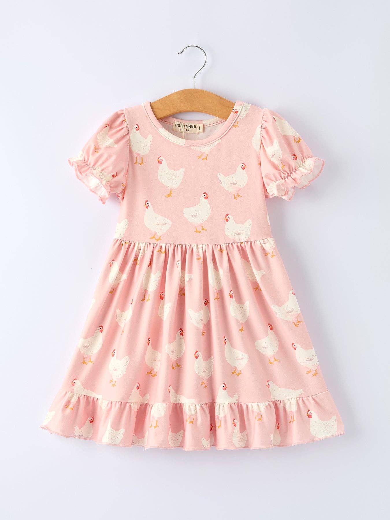 Farm Spring Chicken Print Girls Ruffle Dress