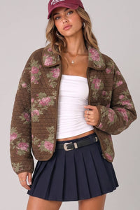 NJ90489-Floral Print Quilted Zip-Up Jacket