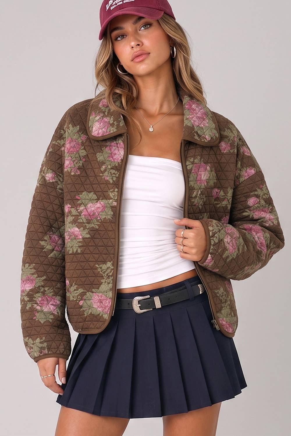 NJ90489-Floral Print Quilted Zip-Up Jacket