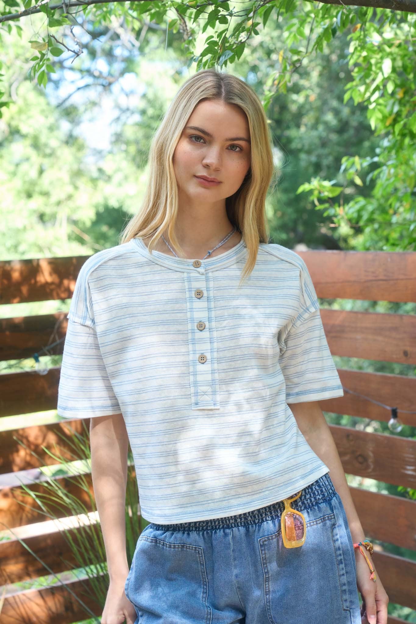 Striped Exposed Seam Henley Boxy Knit Top - Blue