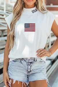 USA Flag Embroidered Mock Neck Top