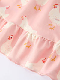 Farm Spring Chicken Print Girls Ruffle Dress
