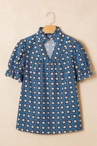 Sky Blue Floral Puff Sleeve Blouse