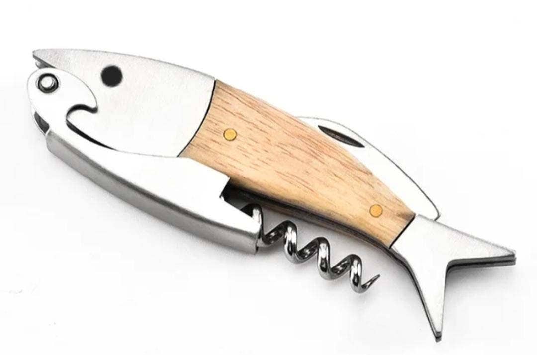 Fish Wine Beer Bottle Corkscrew Opener Wood