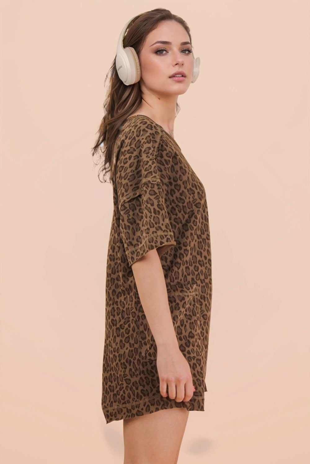 Oversized T-Shirt Dress W/ Pockets - Mocha Leopard