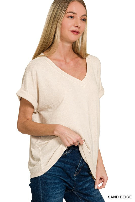 Soft Lounged V-Neck Top W/ Rolled Sleeves - Beige