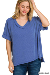 Oversized Ribbed V Neck Top