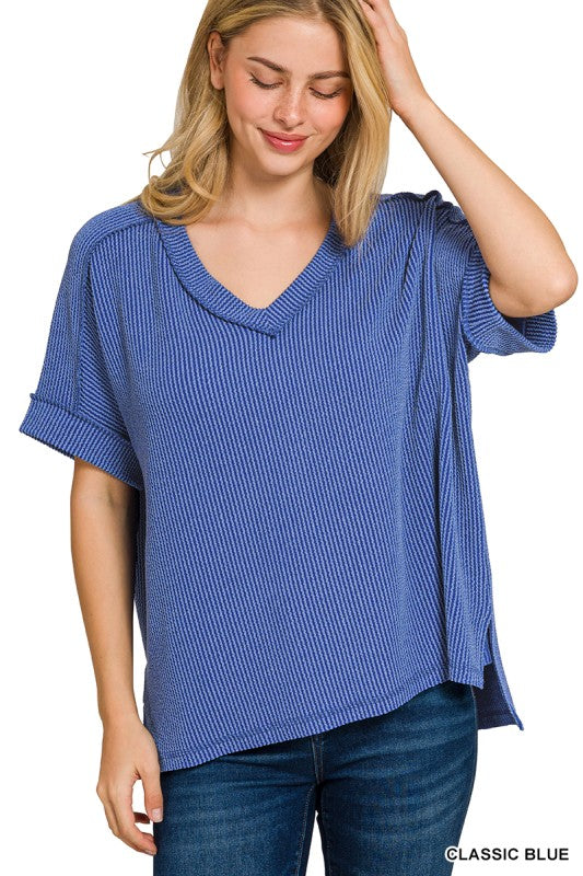 Oversized Ribbed V Neck Top