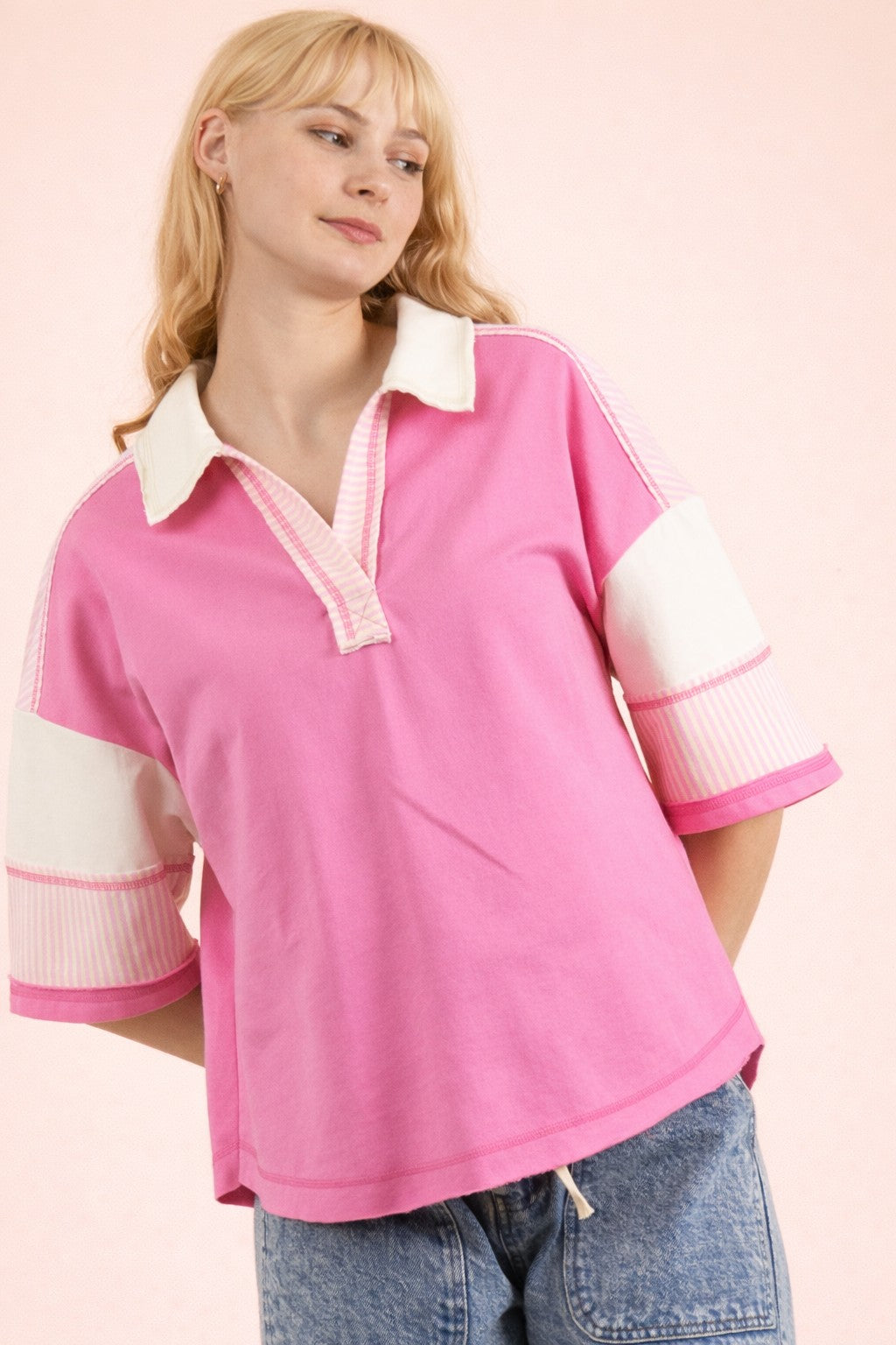 Relaxed Fit Collared Polo Top W/ Striped Contrast Sleeves - Pink