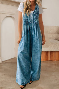Medium Wash Front Pleated V Neck Tie Overalls