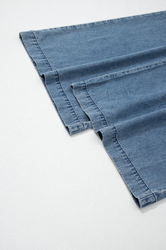 Medium Wash Front Pleated V Neck Tie Overalls