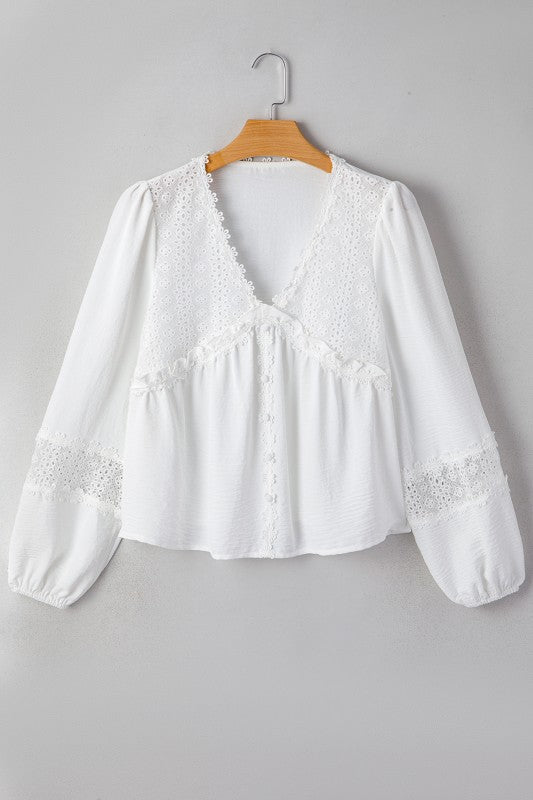 Solid Floral Lace Patchwork Long Sleeve Blouse