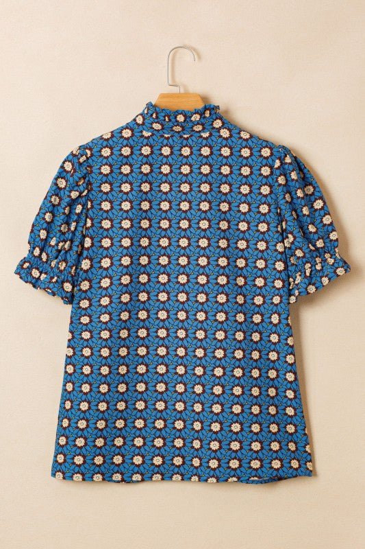 Sky Blue Floral Puff Sleeve Blouse