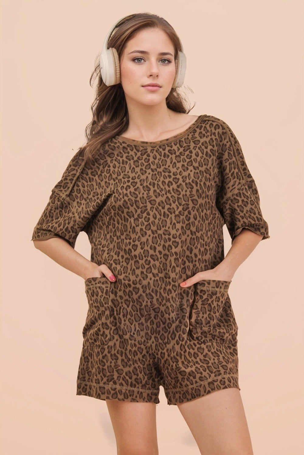 Oversized T-Shirt Dress W/ Pockets - Mocha Leopard