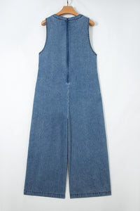 Medium Wash Front Pleated V Neck Tie Overalls