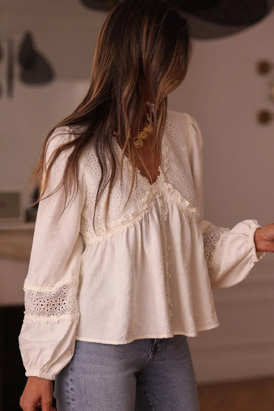 Solid Floral Lace Patchwork Long Sleeve Blouse