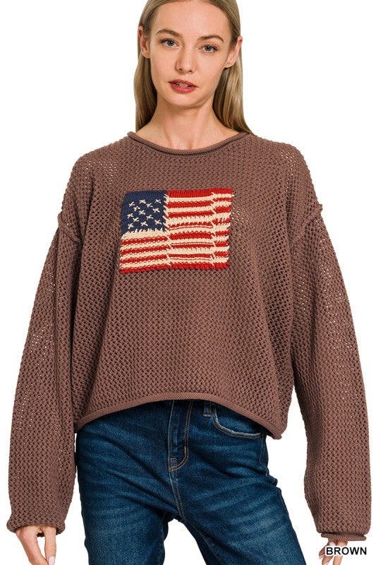 Crotchet Knit American Flag Stitch Sweater - Brown