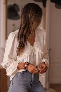Solid Floral Lace Patchwork Long Sleeve Blouse